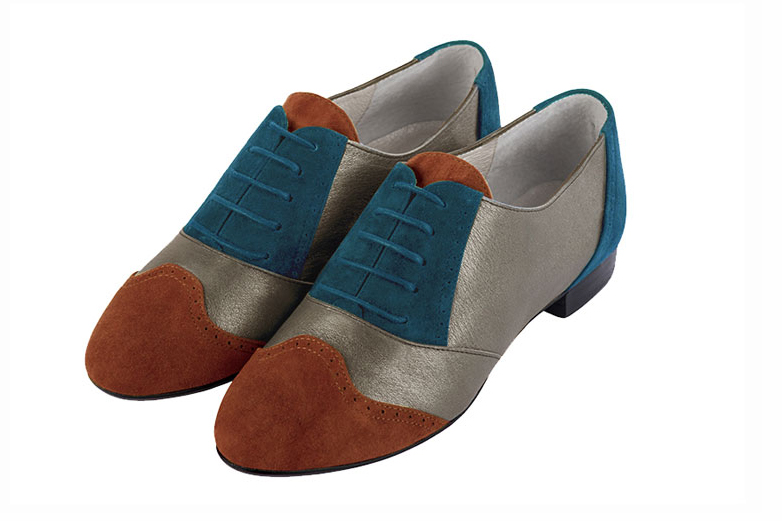 Terracotta orange, taupe brown and peacock blue women's fashion lace-up shoes. Round toe. Flat leather soles. Front view - Florence KOOIJMAN